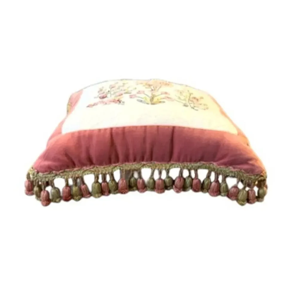 Botanical Embroidered Accent Pillow Pink Velvet Tassel Fringe